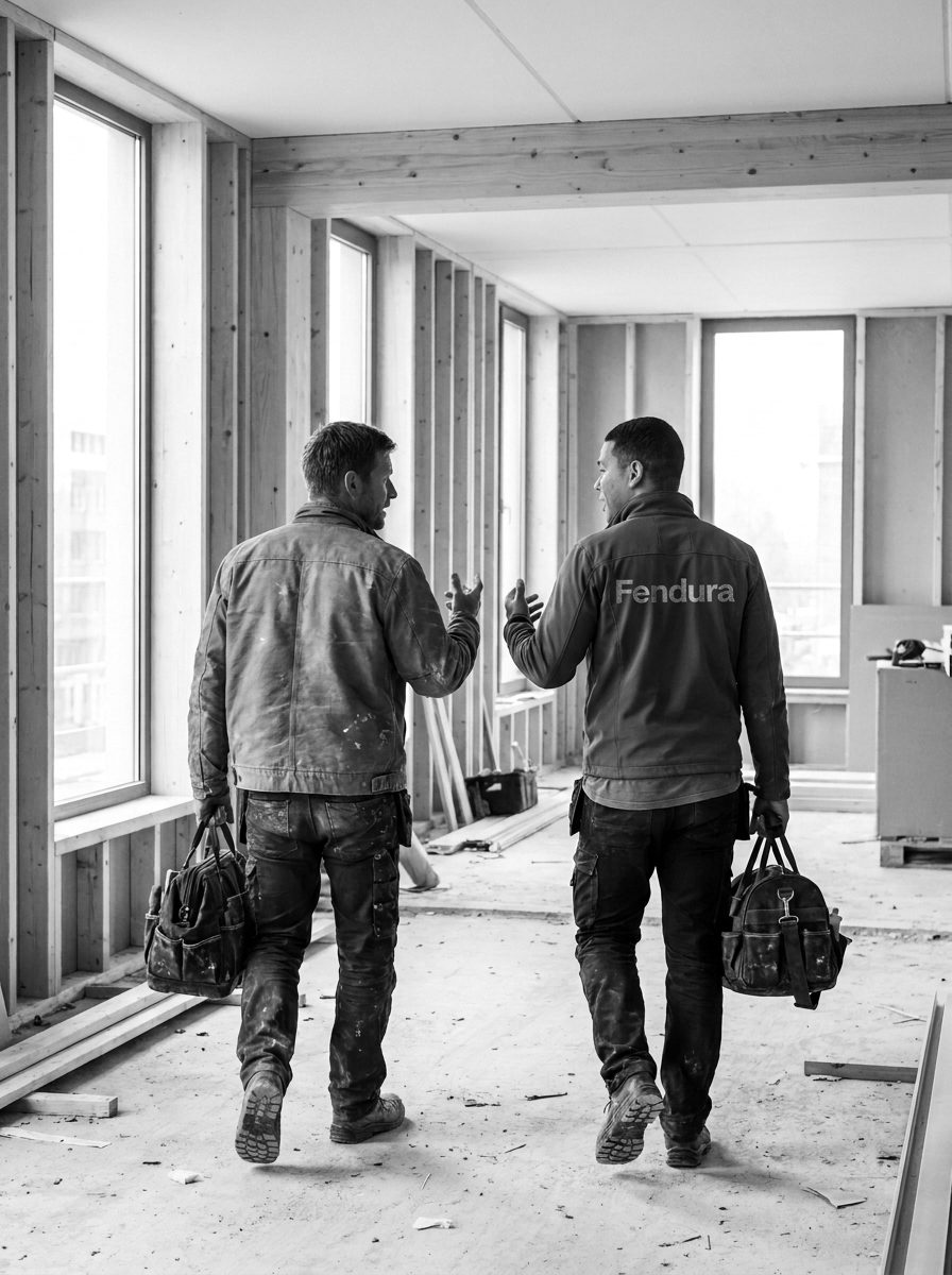Twee bouwvakkers in Fendura-werkkleding lopen door een casco bedrijfsruimte in aanbouw