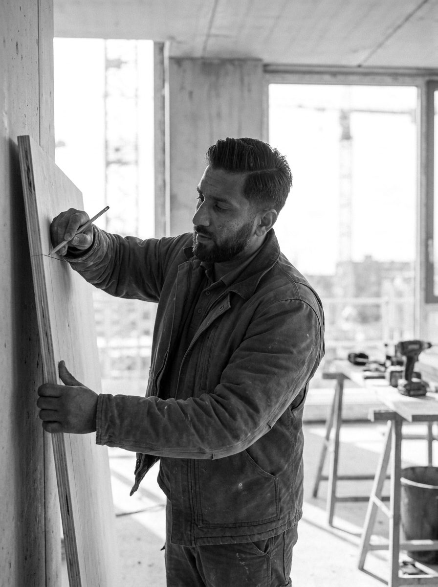 Vakman inspecteert van dichtbij het houten maatwerk op de bouwplaats