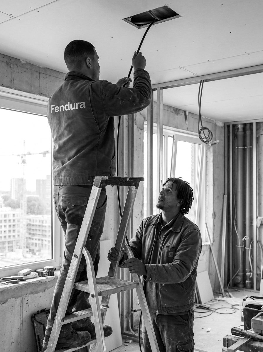 Elektricien trekt bekabeling door een open plafond