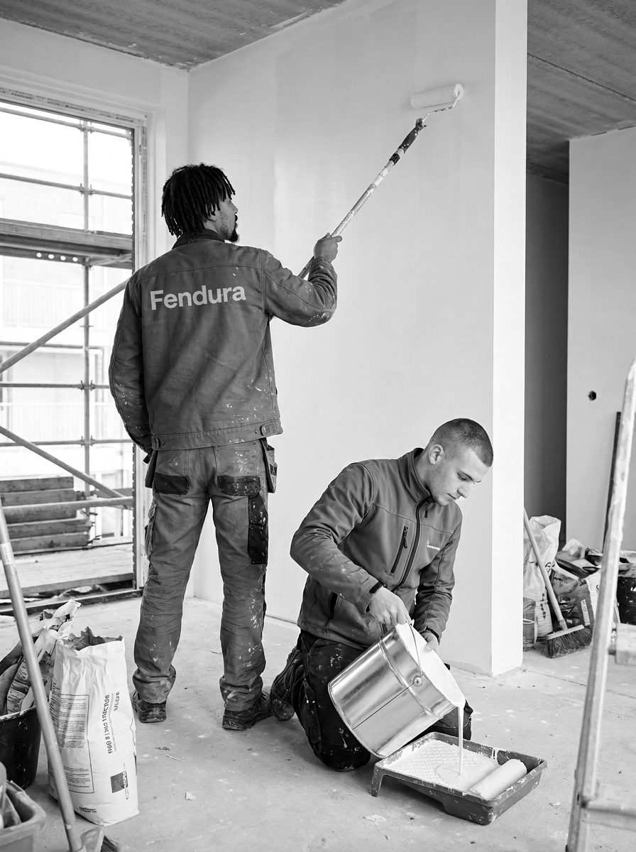 Schilder rolt verse verf op een pas gestukte wand