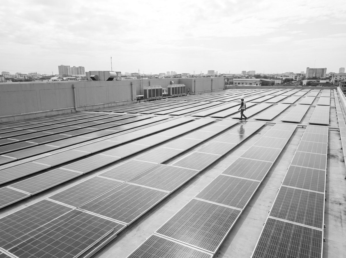 Zonnepanelen op het dak van een bedrijfspand